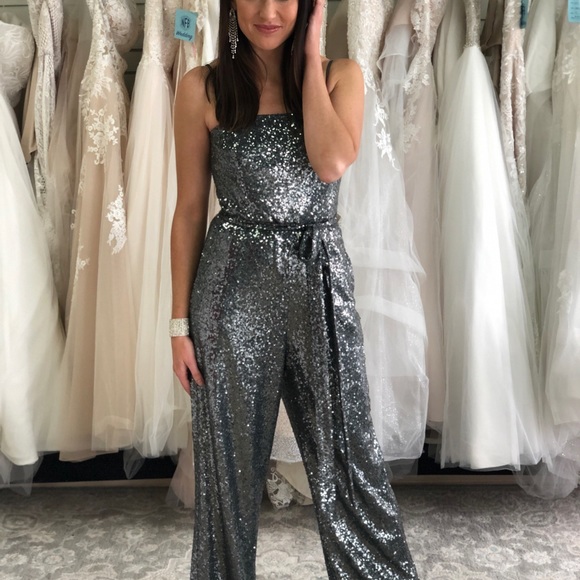 Dessy Collection Dresses & Skirts - Charcoal grey sequin pantsuit jumpsuit with belt